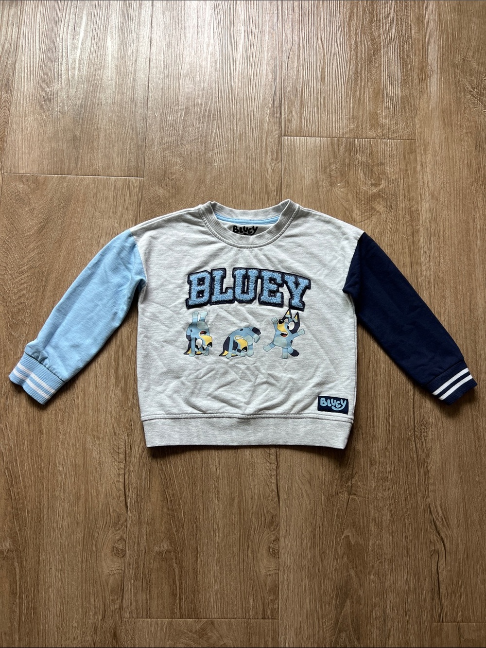 Bluey Kids Gray Pullover Sweatshirt with Light Blue & Navy Blue Sleeves Size 4T